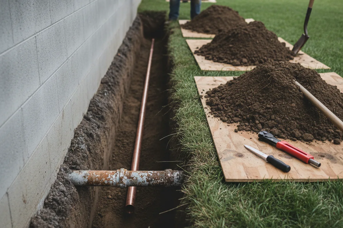 Excavated water line trench during Water Softener Installation in Burlington